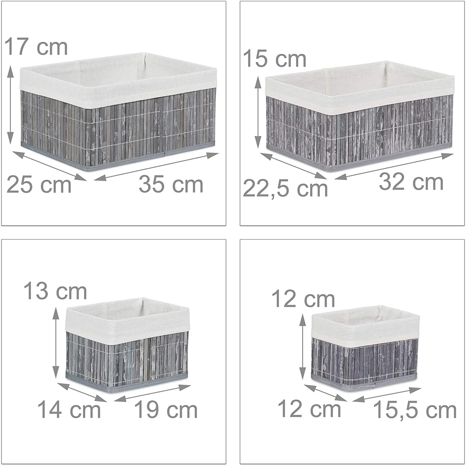 Panier de rangement haut de gamme Hell, lot de 6 paniers déco en bambou tressé main et textile gris