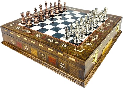 Chess Game Set with Storage Handmade Classic Bronze Chessmen Wood Chess Board 