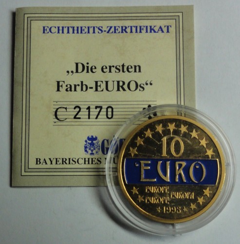 Medaille 10 Euro-Probe 1998 farbig, vergoldet PP mit Kapsel und Zertifikat