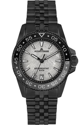 JACQUES LEMANS Herren-Taucheruhr Liverpool Diver Schwarz/Eismatt 20 bar 1-2205P