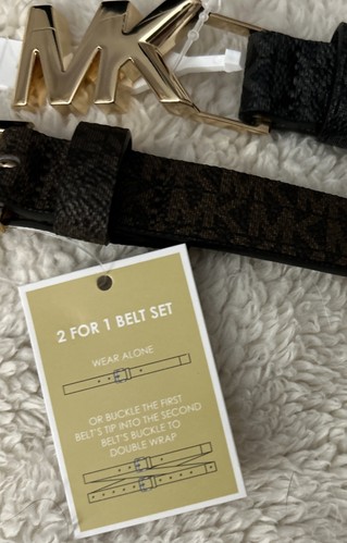 Michael Kors MK Logo Womens Sz XL Belt 2 for 1 Set Brown Black Gold Double Hook - Picture 9 of 9