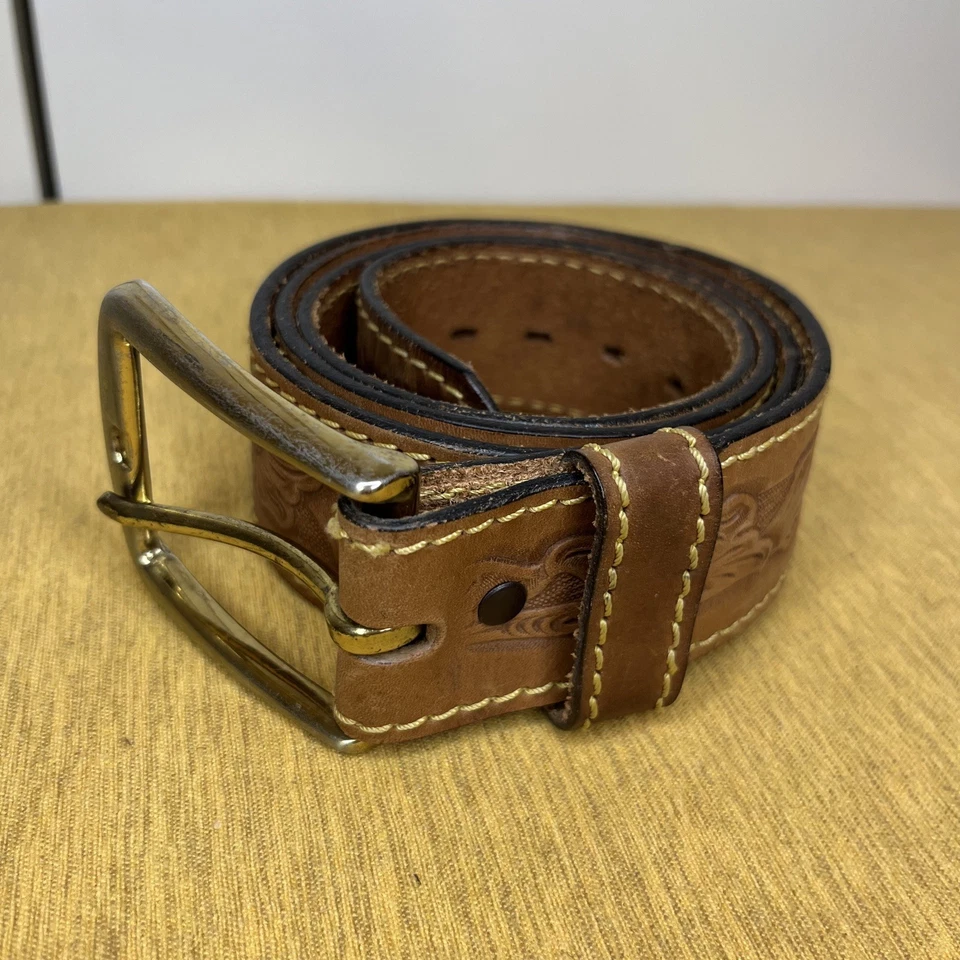 Cinturón Occidental Vintage Sears Genuino Grano Superior CUERO MECANIZADO EE. UU. 42 Flores Marrones Foto 2 de 4