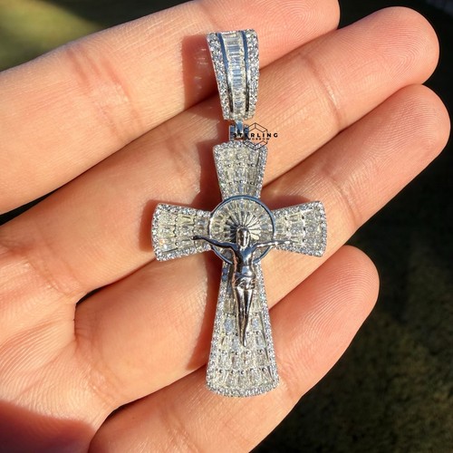 Moissanite Crucifix Jesus Pendant 925 Silver Iced Pass Testers Free Rope Chain - Picture 2 of 16
