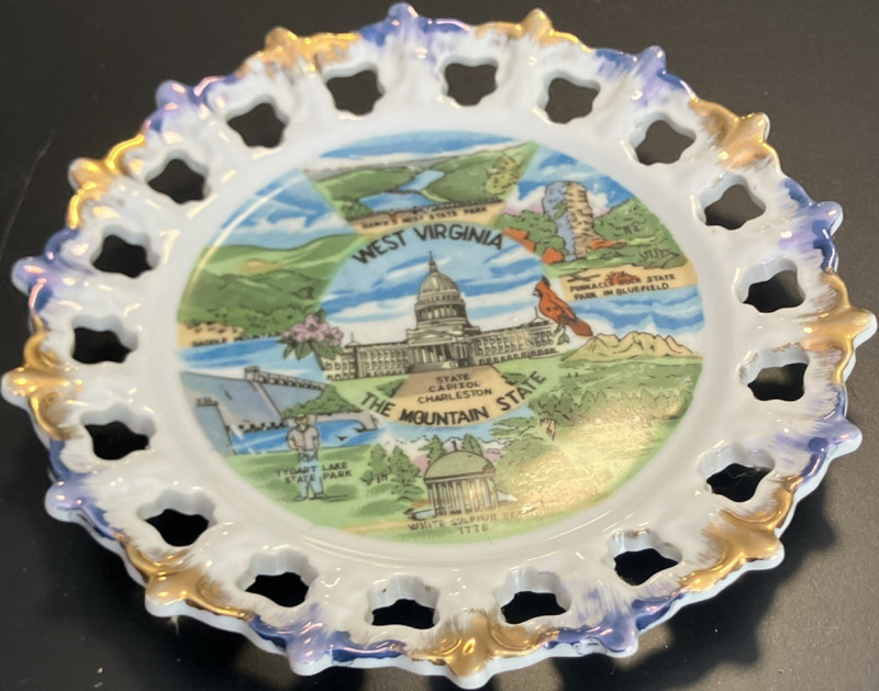 West Virginia The Mountain State Souvenir Decorative Plate Pierced Rim White