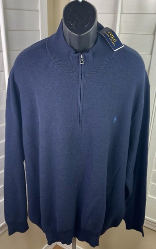 Polo Ralph Lauren 1/4 Zip Mesh Pima Cotton Navy Heather Sweater, Men’s 5XB - NWT - Picture 1 of 6