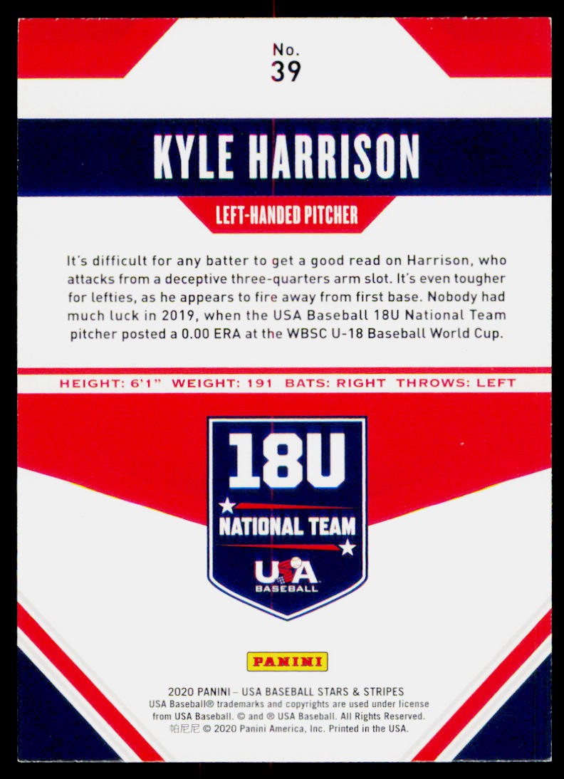 2020 Panini USA Baseball Stars & Stripes Kyle Harrison 39