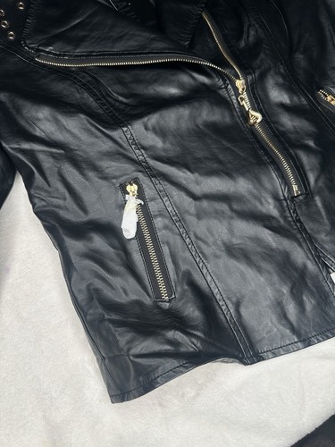 Girls Jacket Black Faux Leather Biker Moto Zip With Pockets 3/4 Sleeve Size L - Picture 6 of 16