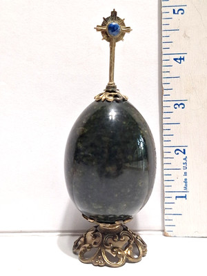 Centurion Serpentine Marble Egg with Brass Cross & lapis Gem Decorative Easter