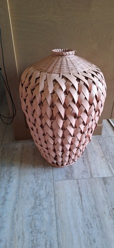 Vintage BoHo Woven Palm Wicker Rattan Floor Vase - Salmon