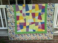 Handmade Quilt In Multicolor Stack And Slash Pattern With bird Themed Border
