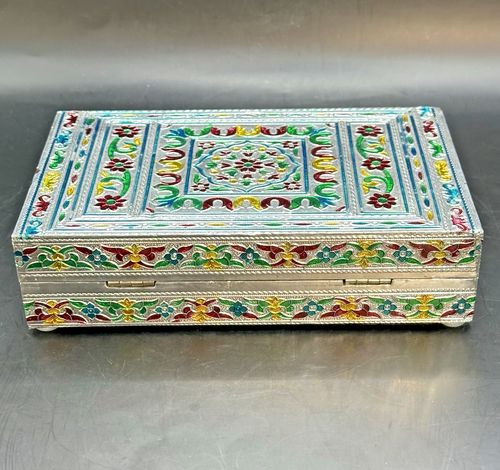 Caja de baratijas de joyería hecha a mano India Meenakari lámina en relieve esmalte de estaño pintado - Imagen 6 de 8