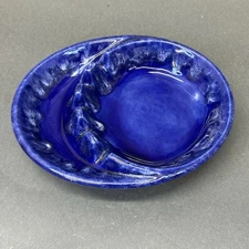 6.5” Oval Blue Glazed Ashtray Crafted by Agnes