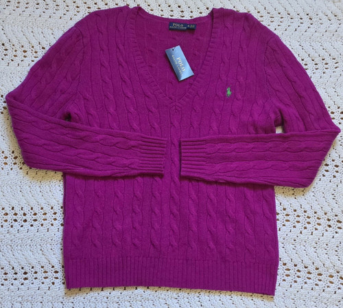 NWT POLO RALPH LAUREN Womens Merino Wool Cashmere Knit Sweater XL Berry V-neck - Picture 1 of 16