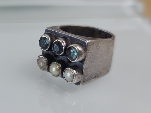 Vintage Sterling 925 Solid Silver Natural Aquamarine Pearl Modernist Ring 6.25sz