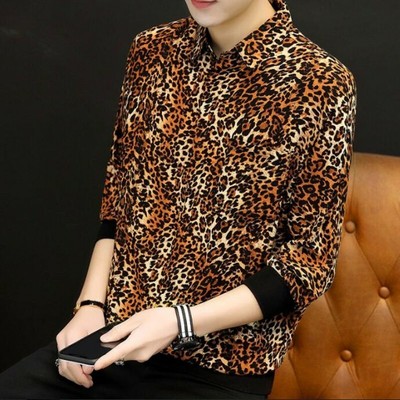 Fashion Men Shirts Half Sleeve Leopard Printing Youth Nightclub 