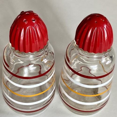 Vintage HAZEL ATLAS Atomic Clear Glass Stripe Salt & Pepper Shakers Metal Top - Afbeelding 4 van 11