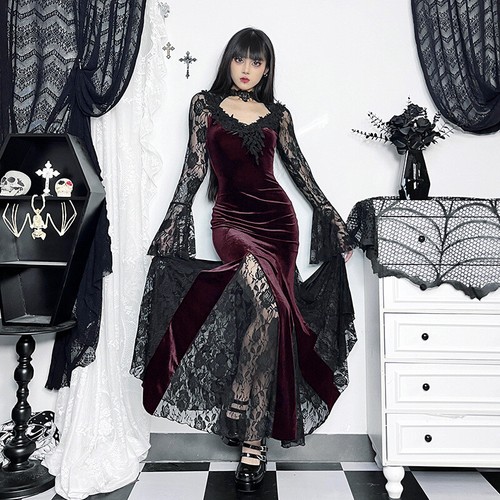 Ladies Velvet Long Sleeve Lace Bodycon Maxi Fishtails Gothic Dress Party Dresses - Picture 7 of 23