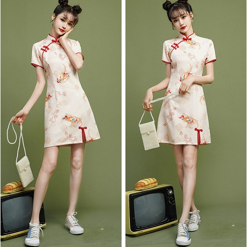 Women Chinese Traditional Cheongsam Short Qipao Dress Deer Printed Side Split - Picture 10 of 16