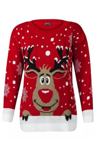 Women's Knitted Jumpers Rudolph on Wall Xmas Snowflake Reindeer Pom Sweater - Picture 4 of 4