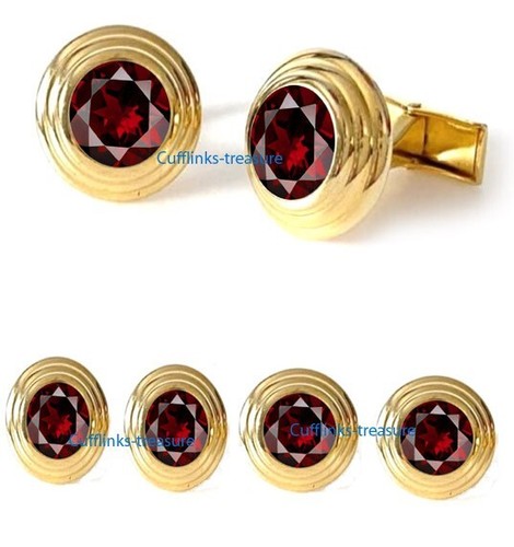 Natural Garnet Gemstone Gold Plated 925 Silver Tuxedo Buttons & Cufflinks set #9 - Picture 3 of 6