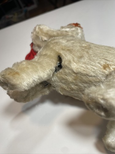 VINTAGE WALKING WINDUP SILK PLUSH DOG W RED SHOE SPOTTED SPANIEL PUP 7" - Picture 4 of 9