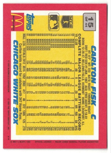 1992 Topps McDonald's Limited Edition Baseball's Best #15 Carlton Fisk - ChiSox - Picture 2 of 2