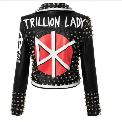 Womens Rivets Pu Leather Lapel Spike Zip Punk Rock Biker Motorcycle Jacket - Image 4 of 4