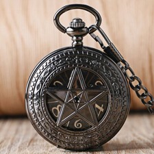 Black Steampunk Unisex Mechanical Pentagram Case Pocket Watch FOB Pendant Chain