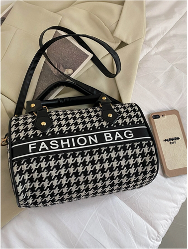 Black Lightweight,Business Casual Letter Graphic Houndstooth Pattern Boston Bag - Picture 6 of 6
