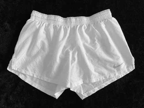 Nike Women's Dri Fit Brief Lined Running Shorts AQ5678 100 White/Gray Sz Medium