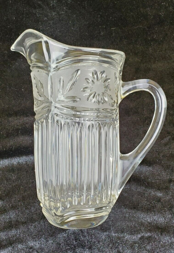 Vintage Crystal Pitcher Frosted Cut Floral Clear Glass Heavy 7" Tall - Picture 1 of 9