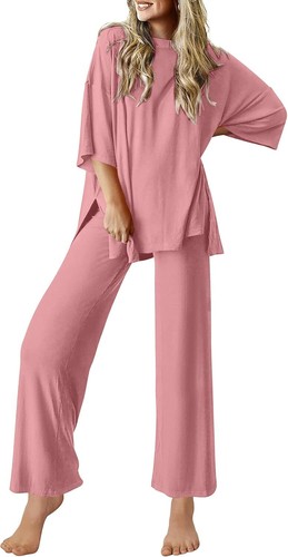 Womens 2 Piece Lounge Set Short Sleeve Top and Long Pants Comfy Pajamas Outfit - Picture 62 of 89