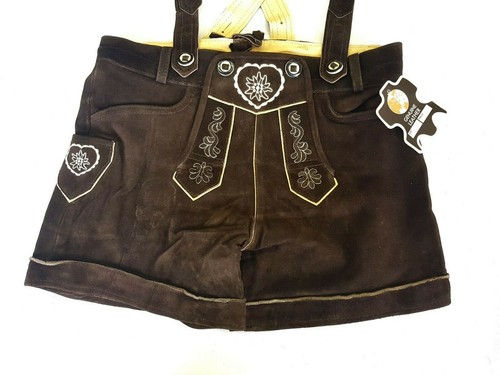 Damen Lederhosen mit Trägern Bayernhosen Trachten Shorts Stickerei braun Gr. 36  - Bild 2 von 10
