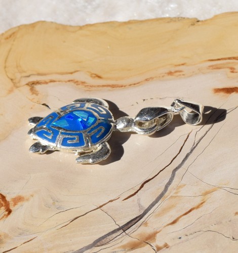 Blue Opal Inlay Sea Turtle Silver Pendant with Aztec Design - Picture 2 of 6