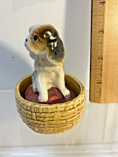 Norleans Japan Vintage Spaniel Dog in Basket Ceramic Figurine MCM 3" - Picture 4 of 7