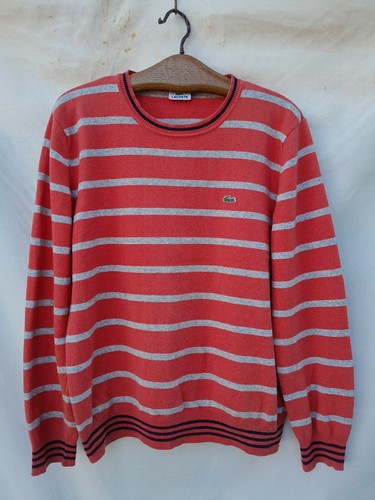 Lacoste Striped Sweater Men Large Orange Wool Mix Embroidered Logo Made in Spain - Picture 1 of 9