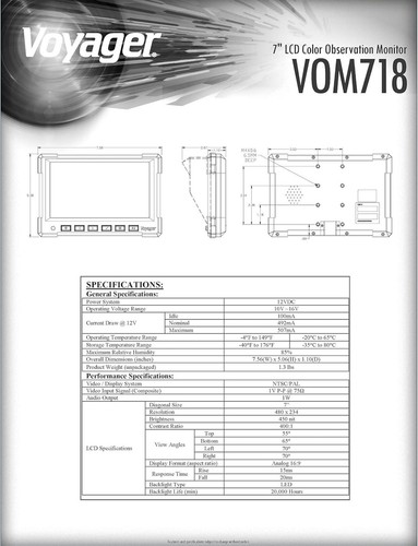 Voyager VOM718 7" LCD Color Respaldo Vista Trasera Vehículo Observación Monitor con 3... - Imagen 4 de 5