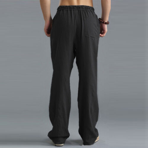 Men Cotton Linen Wide Leg Harem Pants Summer Elastic Waist Baggy Beach Trousers - Picture 8 of 29