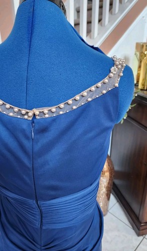 NWT ADRIANNA PAPELL Blue Beaded Mesh Round Neck Draped Long Dress w/ Train Sz 6 - Picture 13 of 19