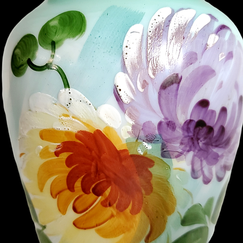 Vaso floreale vintage vetro bianco dipinto a mano; Possibilmente Bristol? - Foto 2 di 10