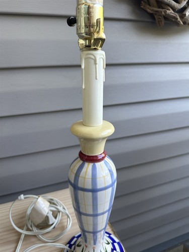 Vintage Lamp Pair Blue Check Tulips Plaid Candlestick Farmhouse Inspired - Picture 6 of 10