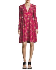 NWT Valentino Lotus-Print Silk V-Neck pink  Dress size 12 $4980