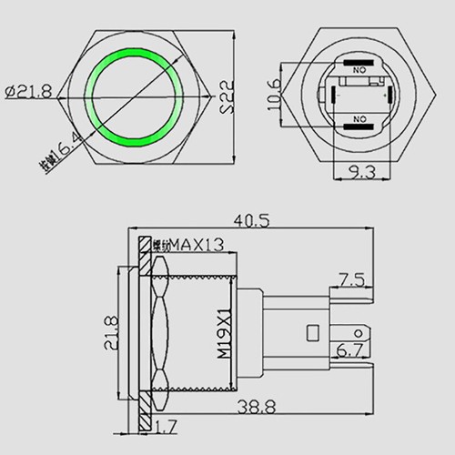 Interruttore a pulsante ON OFF 19mm metallo chiusura momentanea 1NO 1NC impermeabile IP65 - Foto 6 di 8