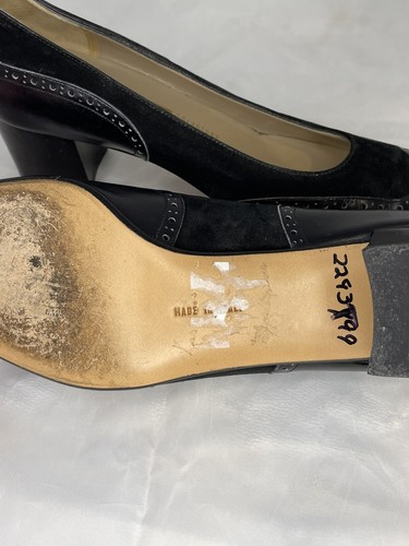 Salvatore Ferragamo Black Suede & Leather Square Toe Heels Pumps 6B Women's Shoe - Picture 21 of 24