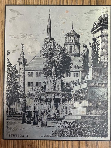 Painting Antique Picture Stuttgart Rare Brass Engraving Wood Base Germany Art - Picture 2 of 5