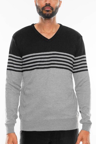 Mens Soft Polyester Vneck Striped Knitted Sweater USA Size Two Tone Shirt - Picture 8 of 8