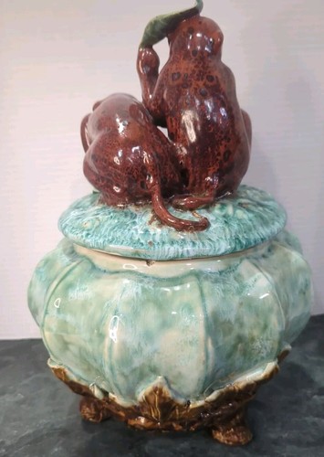 Majolica Sancai Pottery Cookie Jar Monkeys Leaves Peaches Greens Browns FLAWS 32 - Picture 8 of 17