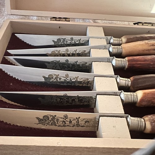 Anton Wingen Solingen Germany Rostfrei Engraved Stag Horn 6 Piece Knife Set - Picture 3 of 20