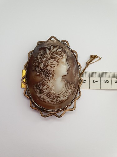 Grande spilla vintage firmata Baccio marrone scuro cammeo cornice ottone catena di sicurezza - Foto 6 di 23