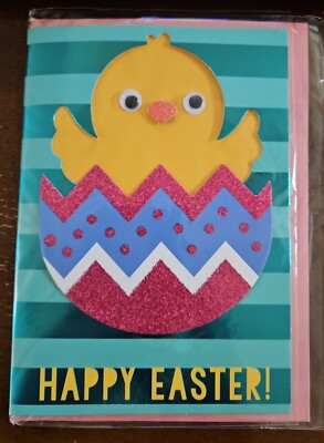 Viola Easter greeting card, cute chick with googly eyes, glitter accented, NIP